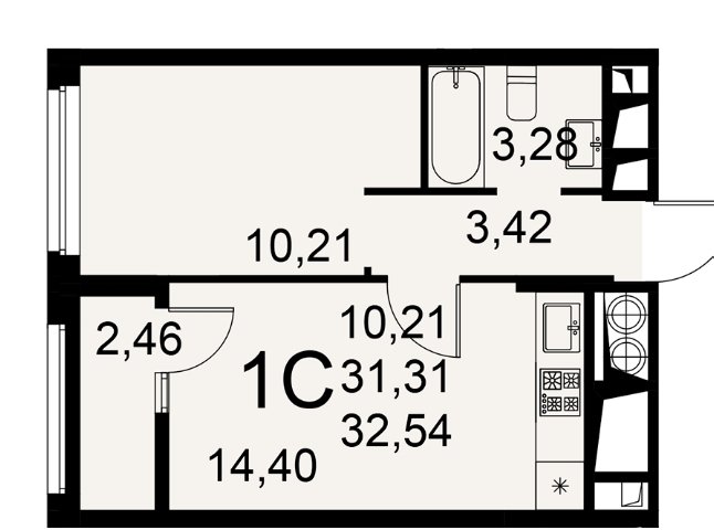 1 этаж 1-комнатн. 32.54 кв.м.
