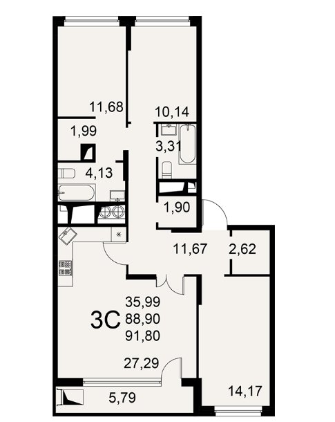 10 этаж 3-комнатн. 91.8 кв.м.