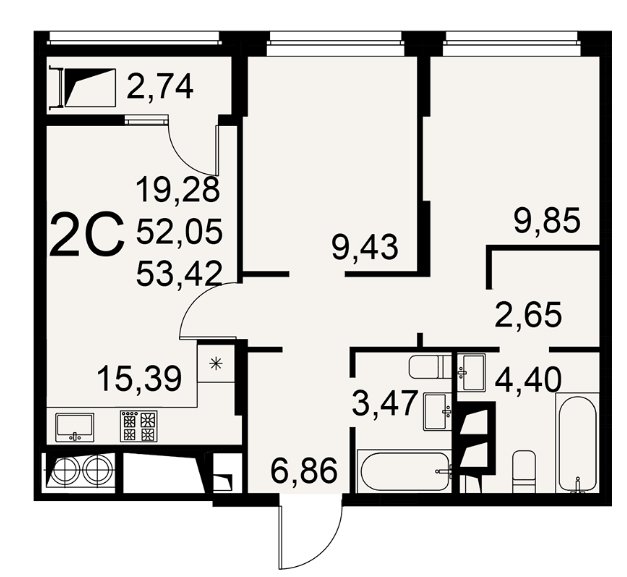 22 этаж 2-комнатн. 53.42 кв.м.