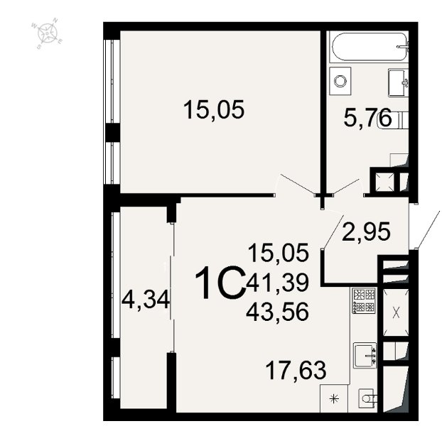 2 этаж 1-комнатн. 43.56 кв.м.