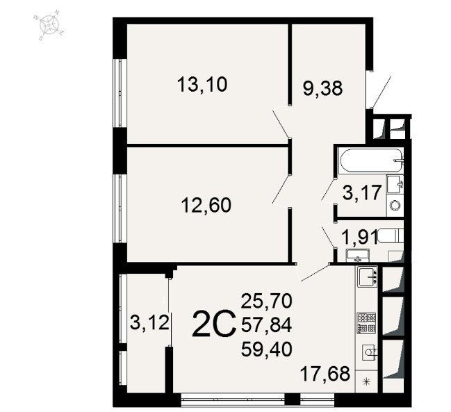 10 этаж 2-комнатн. 59.4 кв.м.